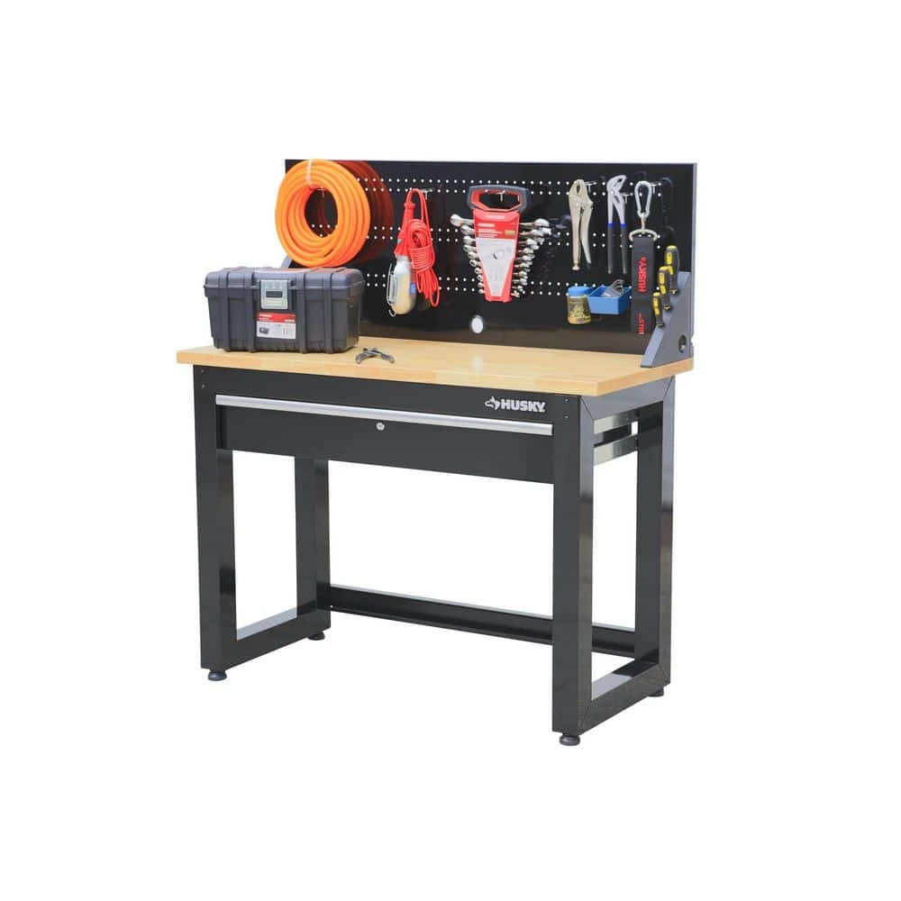 Husky 4 ft. Solid Wood Top Workbench in Black with Pegboard and 1 Drawer 9 Husky 4 ft. Solid Wood Top Workbench in Black with Pegboard and 1 Drawer - Image 7