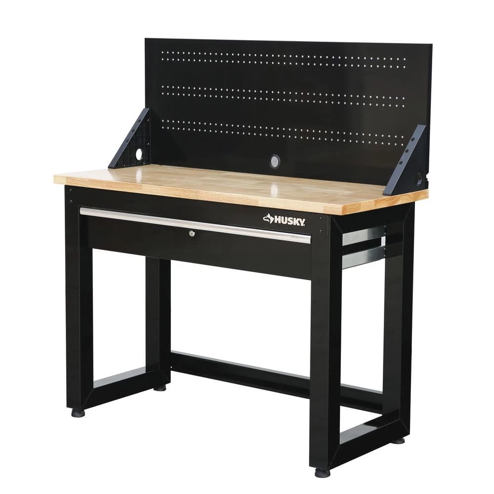 Husky 4 ft. Solid Wood Top Workbench in Black with Pegboard and 1 Drawer 3 Husky 4 ft. Solid Wood Top Workbench in Black with Pegboard and 1 Drawer