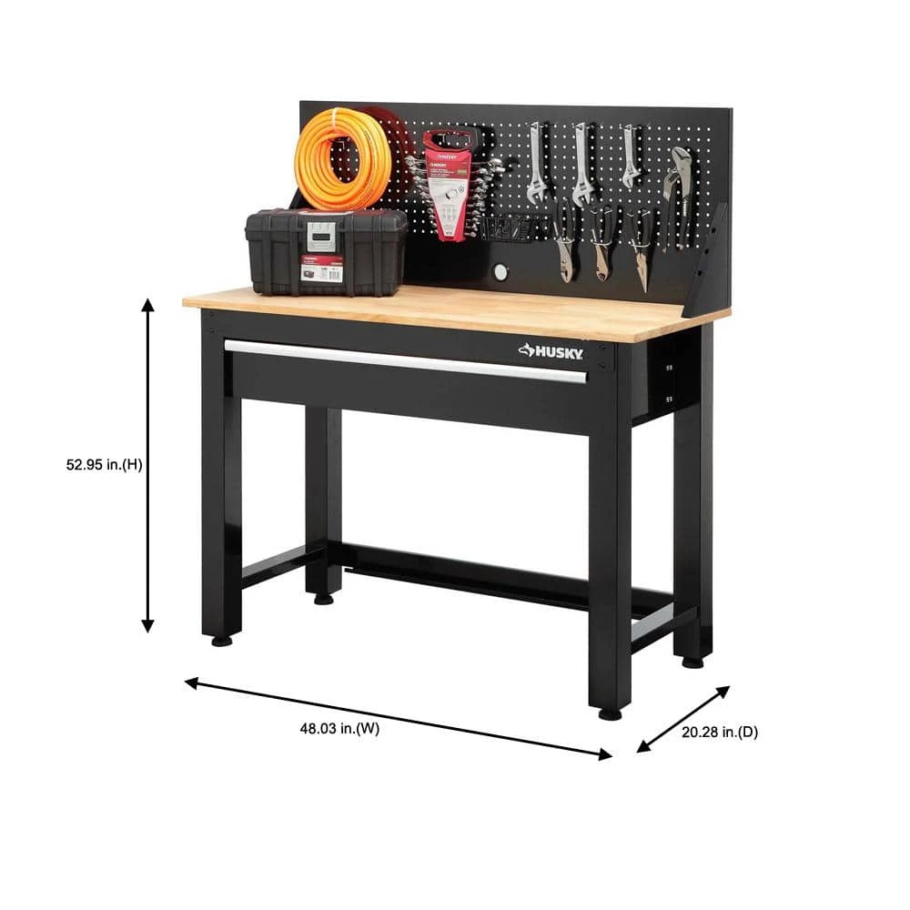 Husky 4 ft. Solid Wood Top Workbench in Black with Pegboard and 1 Drawer 10 Husky 4 ft. Solid Wood Top Workbench in Black with Pegboard and 1 Drawer - Image 8