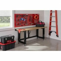 Husky 6 ft. Folding Adjustable Height Solid Wood Top Workbench in Black -ToolHub Shop husky workbenches g7200fw us e1 1000