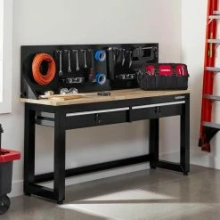 Husky 6 ft. Solid Wood Top Workbench in Black with Pegboard and 2 Drawers 11 Husky 6 ft. Solid Wood Top Workbench in Black with Pegboard and 2 Drawers -ToolHub Shop husky workbenches g7202s us 31 1000