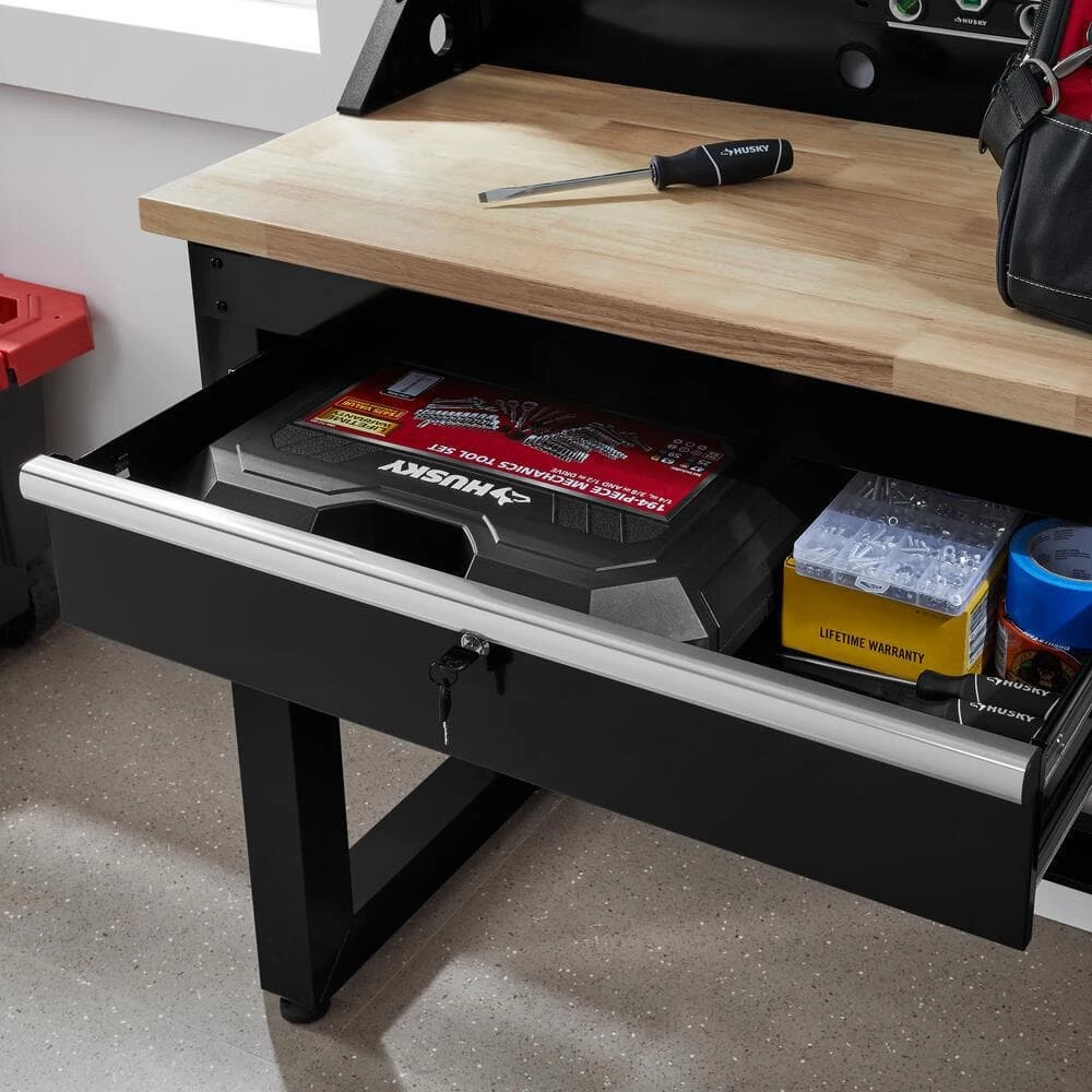 Husky 6 ft. Solid Wood Top Workbench in Black with Pegboard and 2 Drawers 5 Husky 6 ft. Solid Wood Top Workbench in Black with Pegboard and 2 Drawers - Image 3