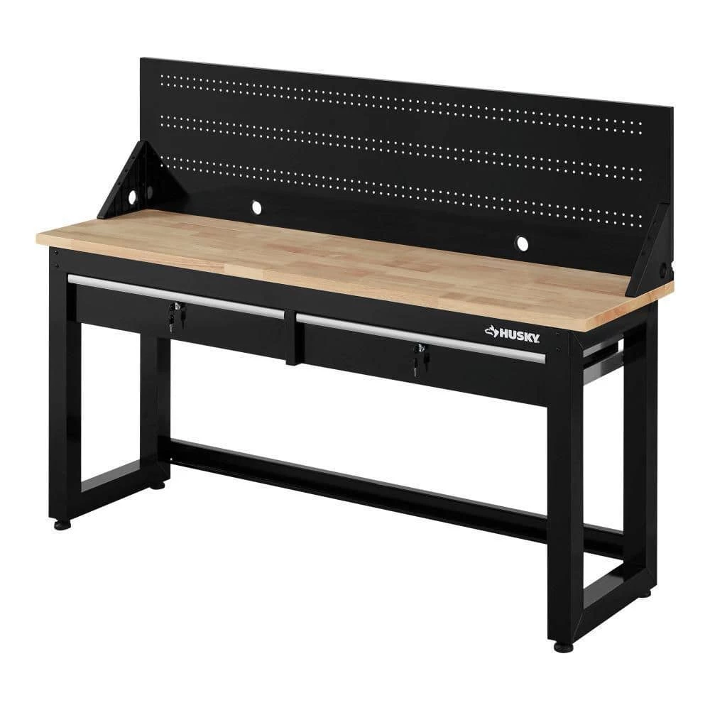 Husky 6 ft. Solid Wood Top Workbench in Black with Pegboard and 2 Drawers 3 Husky 6 ft. Solid Wood Top Workbench in Black with Pegboard and 2 Drawers