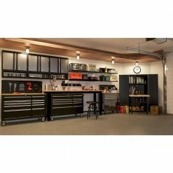 Husky 8 ft. Adjustable Height Solid Wood Top Workbench in Black for Ready to Assemble Steel Garage Storage System -ToolHub Shop husky workbenches g9600 us1 e1 1000