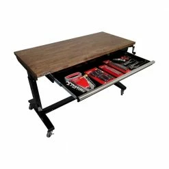 Husky 52 in.W x 24 in. D Steel 1-Drawer Adjustable Height Workbench with Dark Stained Wood Top in Gloss Black 21 Husky 52 in.W x 24 in. D Steel 1-Drawer Adjustable Height Workbench with Dark Stained Wood Top in Gloss Black -ToolHub Shop husky workbenches holt5201b11 77 1000