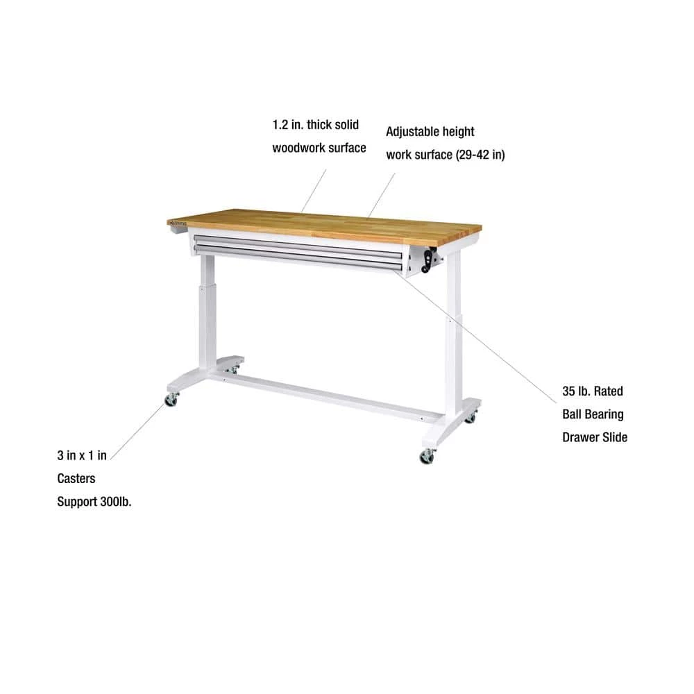 Husky 52 in. W x 24 in. D Steel 2-Drawer Adjustable Height Solid Wood Top Workbench Table in White 7 Husky 52 in. W x 24 in. D Steel 2-Drawer Adjustable Height Solid Wood Top Workbench Table in White - Image 5
