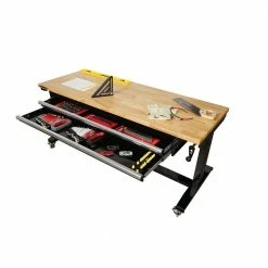 Husky 62 in. Adjustable Height Workbench Table with 2-Drawers in Black -ToolHub Shop husky workbenches hotl6202b12 77 1000