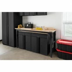 Husky 6 ft. Adjustable Height Solid Wood Top Workbench in Black with LINE-X Coating for Pro Duty Welded Steel Storage System -ToolHub Shop husky workbenches htc1000004 lx e1 1000