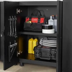 Husky Regular Duty Welded 24-Gauge Steel 2-Door Garage Base Cabinet in Black (24 in. W x 33 in. H x 16 in. D) -ToolHub Shop matte black powder coating husky free standing cabinets h24bc2door 66 1000