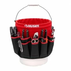 Husky 12 in. 30 Pocket Heavy Duty Bucket Jockey 5 Gallon In-Bucket Storage Tool Bag -ToolHub Shop red black husky tool bags hd10030 th e1 1000
