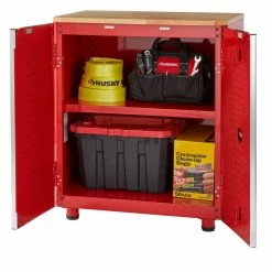 Husky Ready-to-Assemble 24-Gauge Steel 2-Door Garage Base Cabinet in Red (28 in. W x 32 in. H x 18 in. D) -ToolHub Shop red husky free standing cabinets g2802br us 66 1000