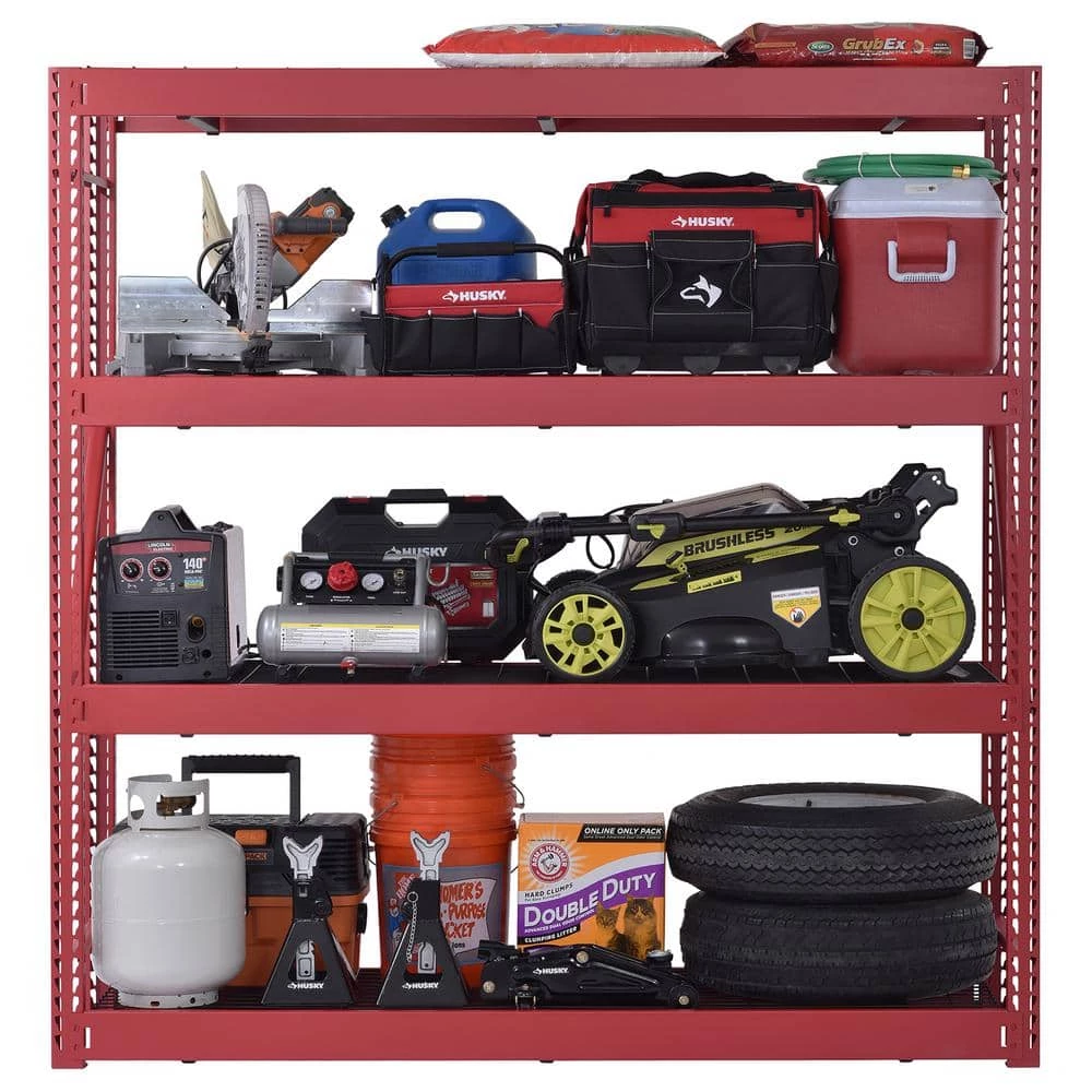 Husky 4-Tier Industrial Duty Steel Freestanding Garage Storage Shelving Unit in Red (77 in. W x 78 in. H x 24 in. D) 6 Husky 4-Tier Industrial Duty Steel Freestanding Garage Storage Shelving Unit in Red (77 in. W x 78 in. H x 24 in. D) - Image 4