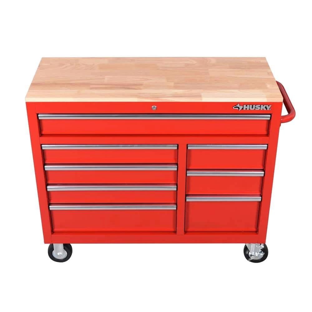 Husky 42 in. W x 18.1 in. D 8-Drawer Red Mobile Workbench Cabinet with Solid Wood Top 6 Husky 42 in. W x 18.1 in. D 8-Drawer Red Mobile Workbench Cabinet with Solid Wood Top - Image 4