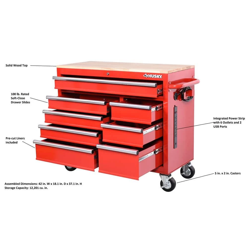 Husky 42 in. W x 18.1 in. D 8-Drawer Red Mobile Workbench Cabinet with Solid Wood Top 4 Husky 42 in. W x 18.1 in. D 8-Drawer Red Mobile Workbench Cabinet with Solid Wood Top - Image 2